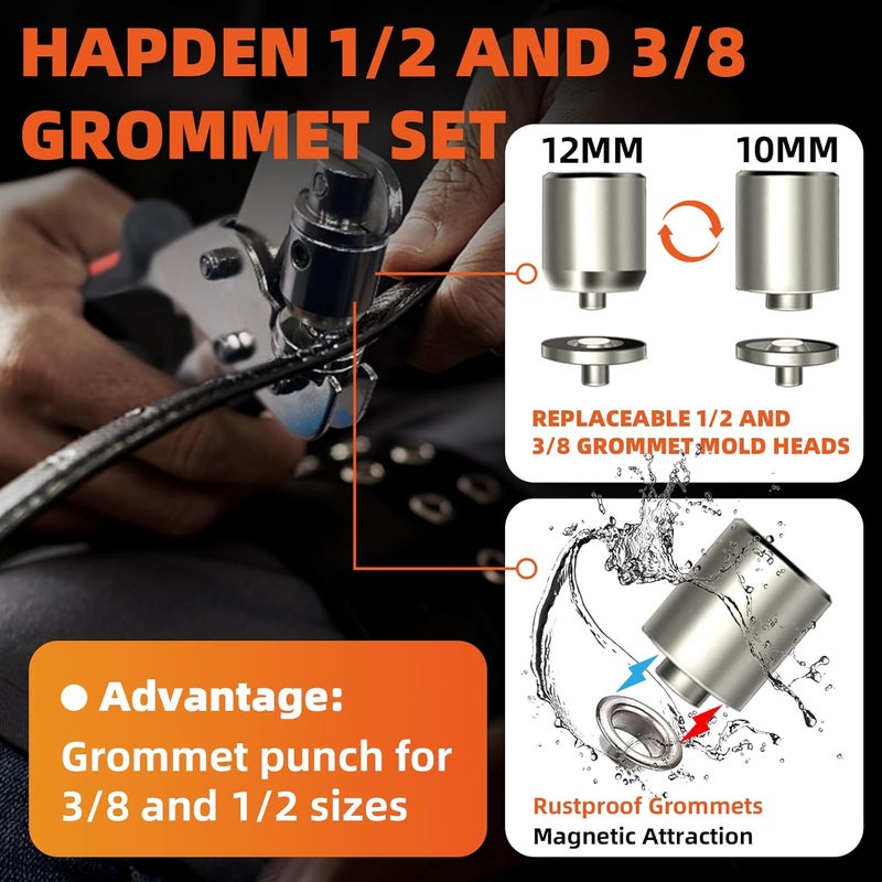 HAPDEN Heavy-Duty Grommet kit (3/8 and 1/2) Includes a Bag, 200 10 mm Grommets and 200 12 mm Grommets. Eyelet and Grommet Tool kit for DIY Tarp Ring Repair and Installation. - Image 3